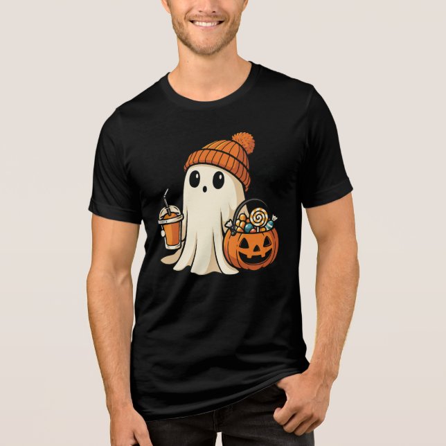 Cute Ghost with Candy & Pumpkin Drink Tri-Blend Shirt (Front)