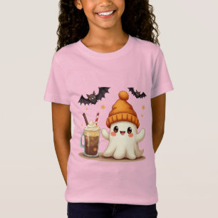 Cute Ghost with Coffee and Bats Halloween T-Shirt