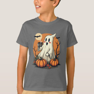 Cute Ghost with Coffee and Pumpkins Halloween T-Shirt