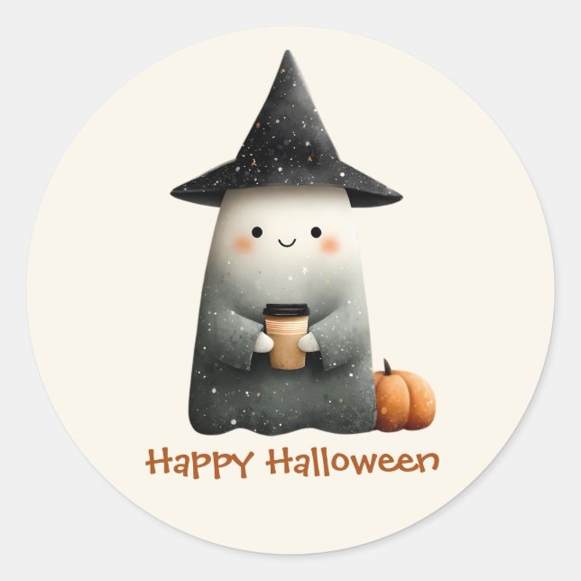 Cute Ghost with Coffee Halloween Classic Round Sticker (Front)