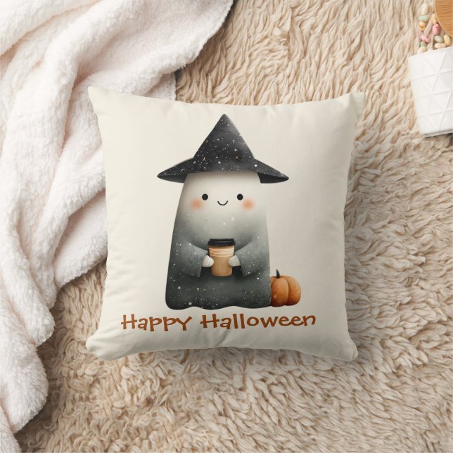Cute Ghost with Coffee Halloween Cushion (Blanket)