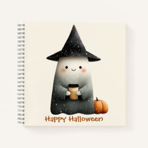 Cute Ghost with Coffee Halloween Notebook