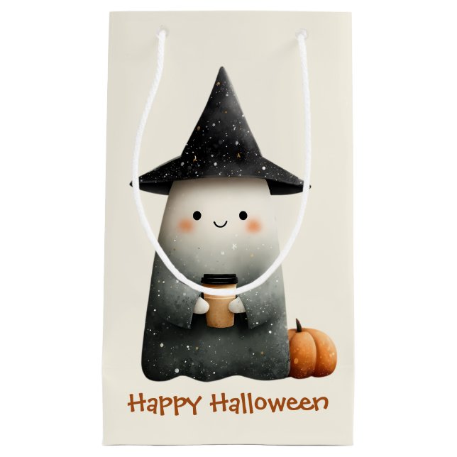 Cute Ghost with Coffee Halloween Small Gift Bag (Front)