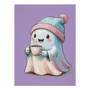 Cute Ghost with Coffee Poster