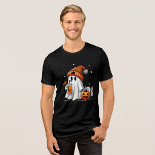 Cute Ghost with Drink and Pumpkin Art Tri-Blend Shirt