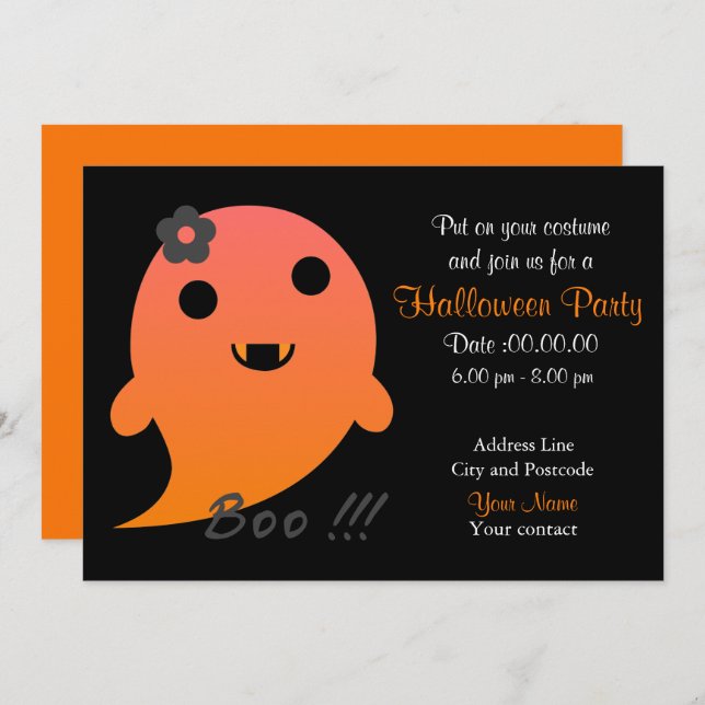 Cute  Ghost With Flower And Word "Boo" Invitation (Front/Back)