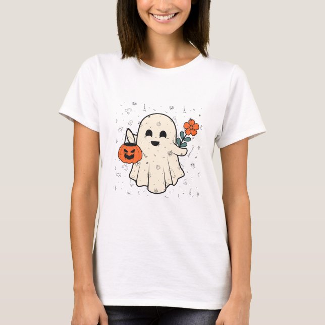 Cute Ghost with Flower & Pumpkin Halloween T-Shirt (Front)