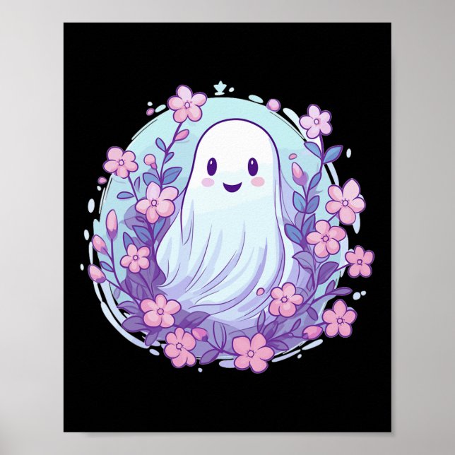Cute Ghost With Flowers I Kids Ghost  Poster (Front)