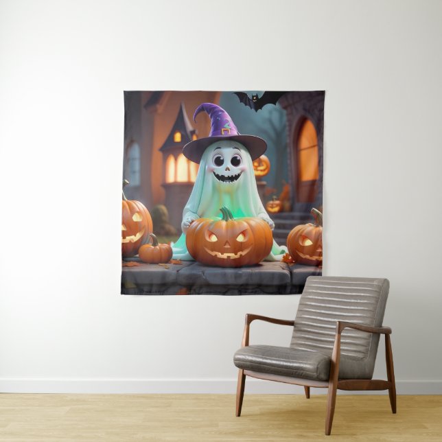 Cute ghost with Halloween pumpkins Tapestry (In Situ)