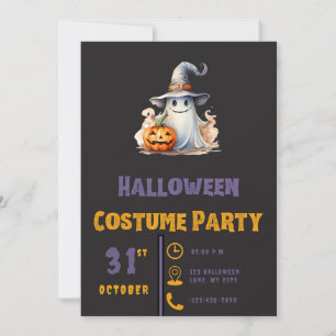 Cute Ghost with Jack-O' Lantern Black Halloween Invitation