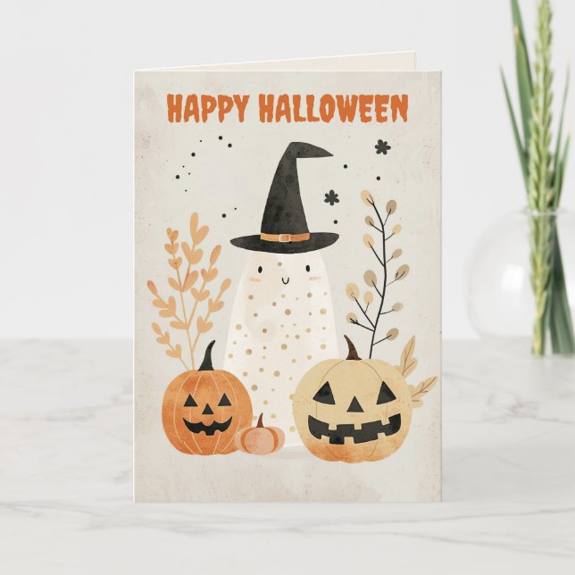 Cute Ghost with Jack--o-Lanterns Happy Halloween Card (Front)