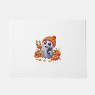 Cute Ghost with Kitten and Pumpkin Halloween Cat L Doormat
