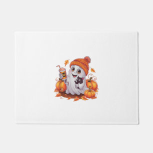 Cute Ghost with Kitten and Pumpkin Halloween Cat L Doormat
