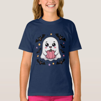 Cute Ghost with Pumpkin and Bats  T-Shirt