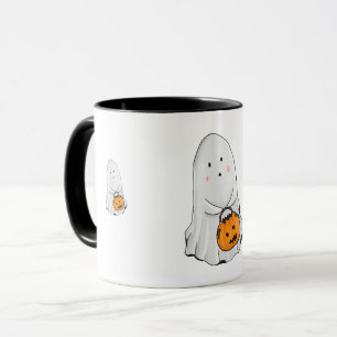 Cute Ghost with Pumpkin Bucket Halloween Mug