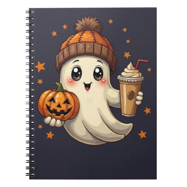 Cute Ghost with Pumpkin & Coffee Spiral Notebook (Front)