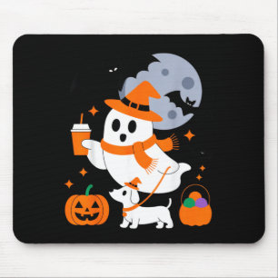 Cute Ghost With Pumpkin Dog For Halloween Fun Mouse Mat