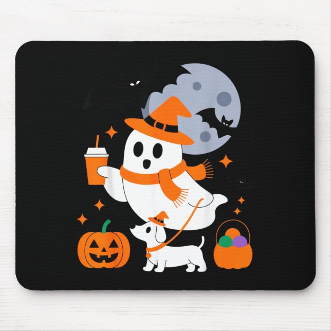 Cute Ghost With Pumpkin Dog For Halloween Fun Mouse Mat (Front)