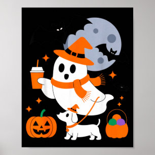 Cute Ghost With Pumpkin Dog For Halloween Fun Poster