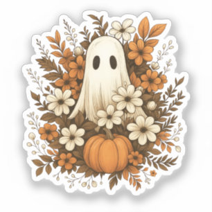 Cute Ghost With Pumpkin & Fall Flowers – Halloween
