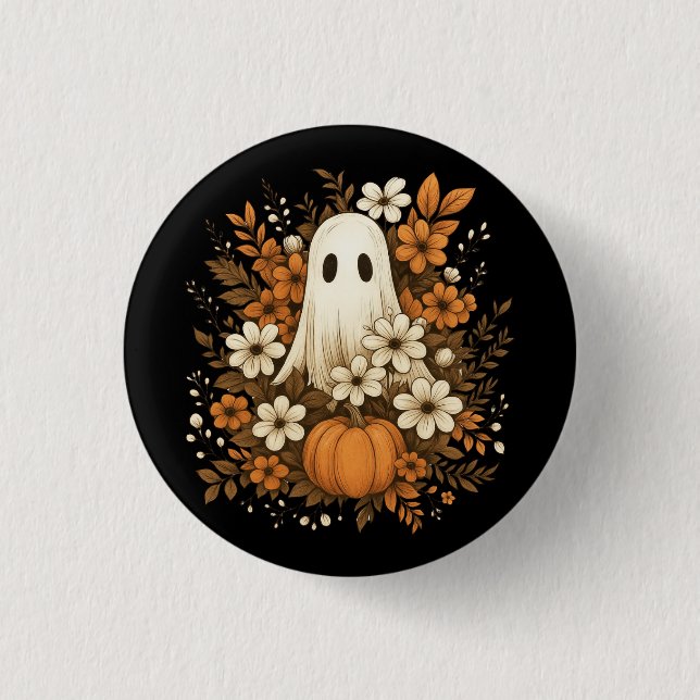 Cute Ghost With Pumpkin & Fall Flowers – Halloween 3 Cm Round Badge (Front)