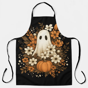 Cute Ghost With Pumpkin & Fall Flowers – Halloween Apron