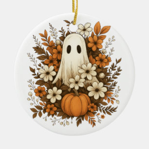 Cute Ghost With Pumpkin & Fall Flowers – Halloween Ceramic Tree Decoration