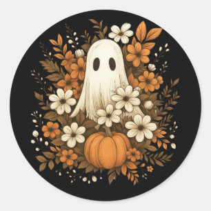 Cute Ghost With Pumpkin & Fall Flowers – Halloween Classic Round Sticker