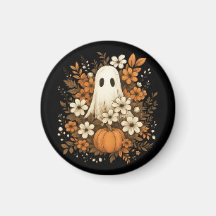 Cute Ghost With Pumpkin & Fall Flowers – Halloween Magnet
