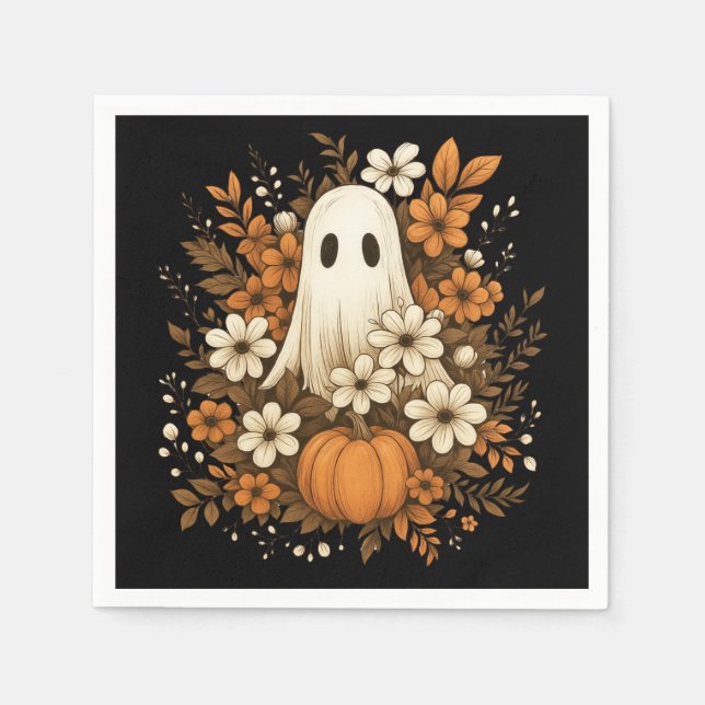 Cute Ghost With Pumpkin & Fall Flowers – Halloween Napkin (Front)