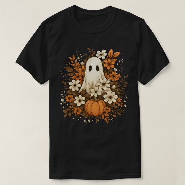Cute Ghost With Pumpkin & Fall Flowers – Halloween T-Shirt (Design Front)