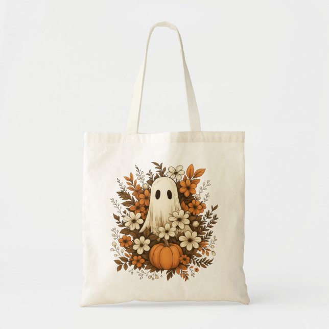 Cute Ghost With Pumpkin & Fall Flowers – Halloween Tote Bag (Front)