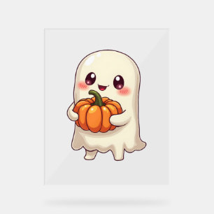 Cute Ghost with Pumpkin – Funny Halloween Acrylic Sign