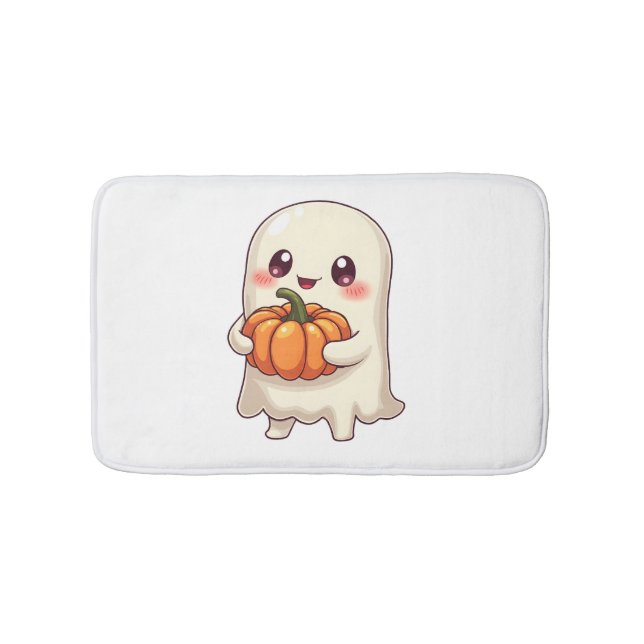 Cute Ghost with Pumpkin � Funny Halloween Bath Mat (Front)