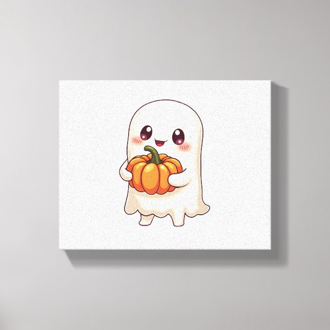 Cute Ghost with Pumpkin – Funny Halloween Canvas Print (Front)