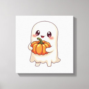 Cute Ghost with Pumpkin � Funny Halloween Canvas Print