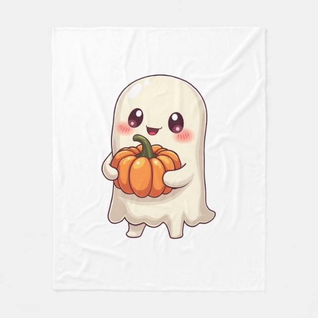 Cute Ghost with Pumpkin � Funny Halloween Fleece Blanket (Front)
