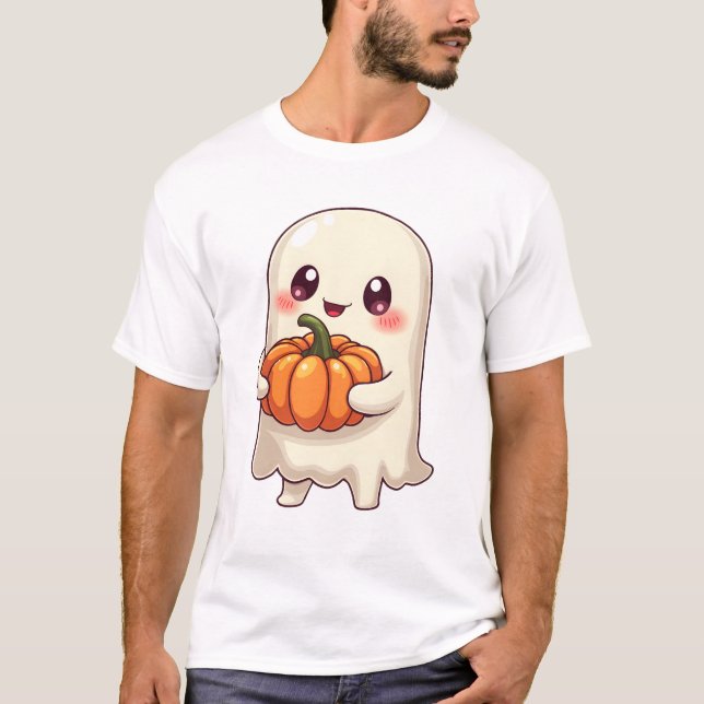 Cute Ghost with Pumpkin � Funny Halloween T-Shirt (Front)