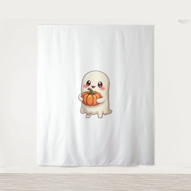 Cute Ghost with Pumpkin – Funny Halloween Tapestry (Front)