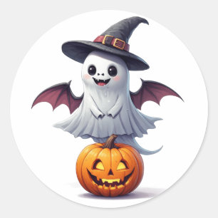 Cute Ghost With Pumpkin Halloween 👻 Classic Round Sticker