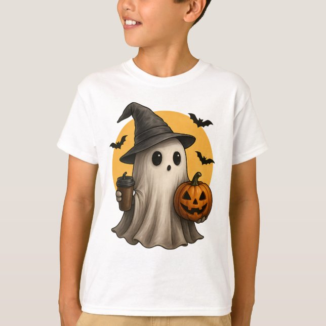 Cute Ghost with Pumpkin Halloween T-Shirt 👻 (Front)