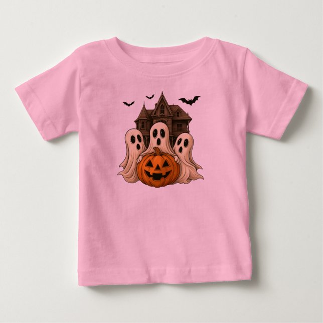 Cute Ghost with Pumpkin Halloween T-Shirt 👻 (Front)