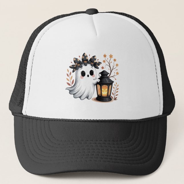 Cute Ghost with Pumpkin Lantern Trucker Hat (Front)