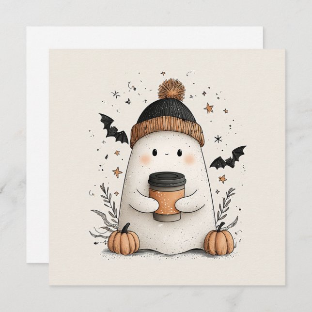Cute Ghost with Pumpkin Latte – Cosy Autumn Hallow Holiday Card (Front/Back)