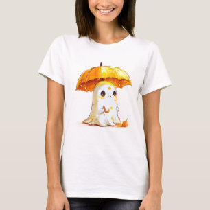 Cute Ghost with Pumpkin Umbrella Halloween T-Shirt
