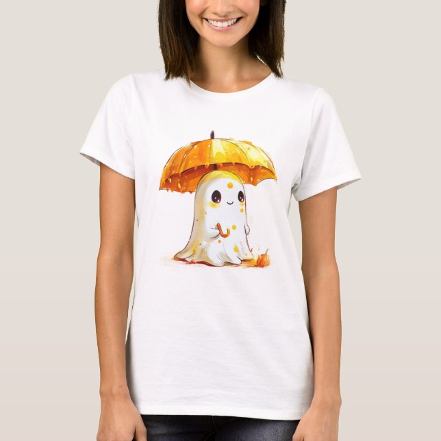 Cute Ghost with Pumpkin Umbrella Halloween T-Shirt (Front)