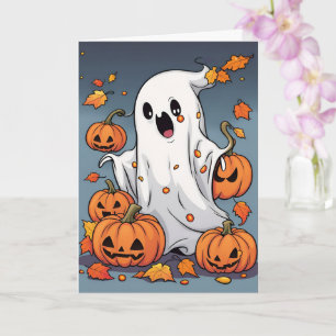 Cute Ghost with Pumpkins Halloween Card