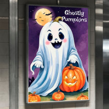 Cute Ghost with Pumpkins Halloween Poster