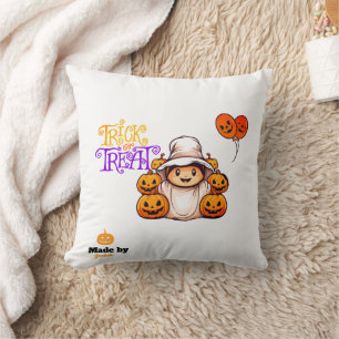 Cute Ghost with Pumpkins Trick or Treat Halloween Cushion