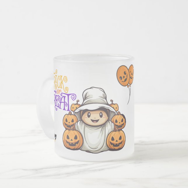 Cute Ghost with Pumpkins Trick or Treat Halloween  Frosted Glass Coffee Mug (Front Left)